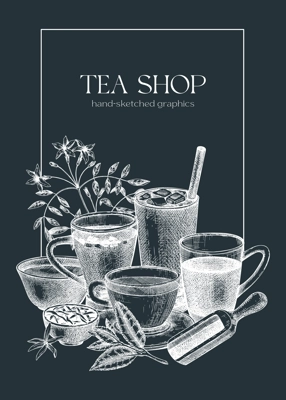 Vintage card or invitation template with hand sketched tea drinks illustration. Vector sketches of hot beverage cups, dried leaves, jasmine blossoms on chalkboard. Tea beverages menu design